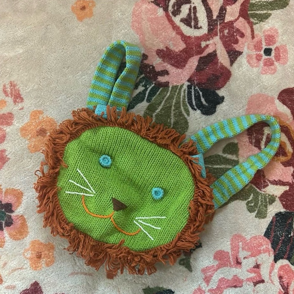 Blabla Kids Green Knit Lion Backpack with Striped Strap